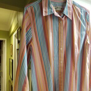 Orvis Boyfriend Peach/Blue Strip Shirt- W 14- 60 Cot/40 Poly- No Iron Care